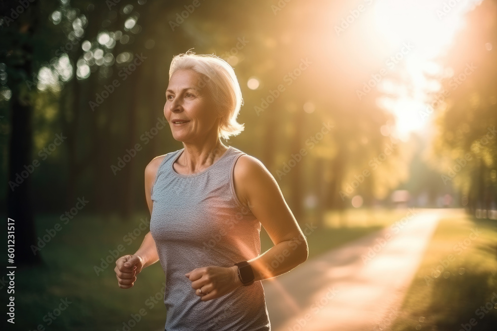 A middle aged woman running in the city park at sunset. Generative AI A middle aged woman running in the city park at sunset. Generative AI