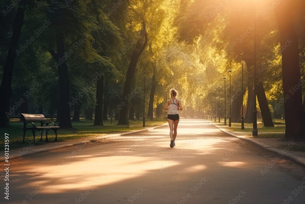 Woman running in park with trees in background, at sunset. Generative AI