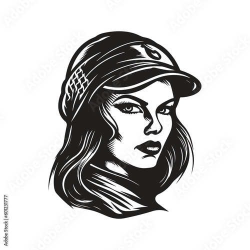 women rogue, vintage logo line art concept black and white color, hand drawn illustration