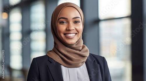 Smiling young black businesswoman wearing a hijab looking at the camera. Generative AI