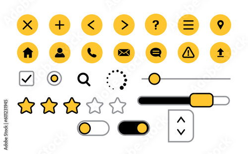 Exit, Add, Backward, Forward, Help, Settings, Home, Profile, Phone, Email, Message, Caution Alert, Upload, Location, Checkbox, Search, Loading, Star Ratings, Slider Bars, Toggle On and Off, Arrows