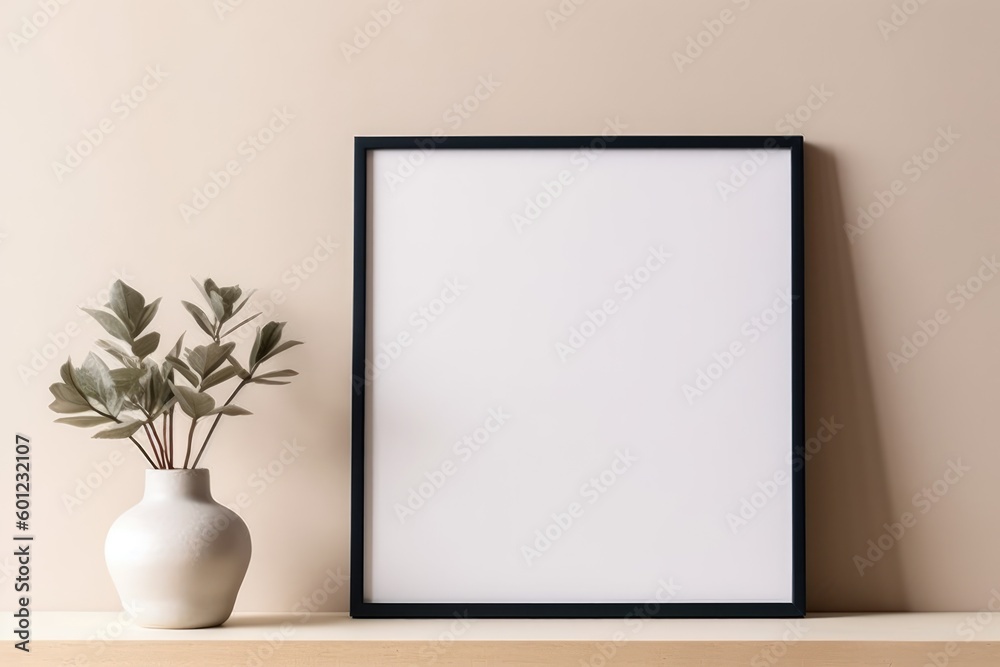 Empty horizontal frame mockup in modern minimalist interior with plant in trendy vase on beige wall background. Template for artwork, painting, photo or poster. Generative AI Empty horizontal frame mockup in modern minimalist interior with plant in trendy vase on beige wall background. Template for artwork, painting, photo or poster. Generative AI