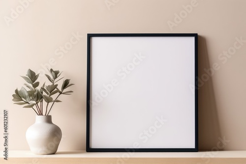 Empty horizontal frame mockup in modern minimalist interior with plant in trendy vase on beige wall background. Template for artwork, painting, photo or poster. Generative AI