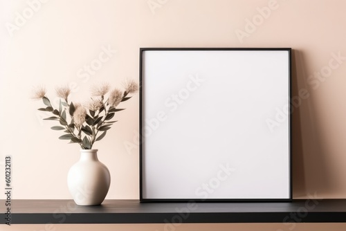 Empty horizontal frame mockup in modern minimalist interior with plant in trendy vase on beige wall background. Template for artwork, painting, photo or poster. Generative AI © Adriana