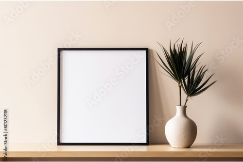Empty horizontal frame mockup in modern minimalist interior with plant in trendy vase on beige wall background. Template for artwork, painting, photo or poster. Generative AI