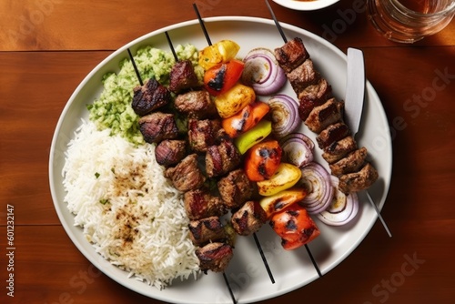 Middle eastern kebabs and rice from above. Generative AI