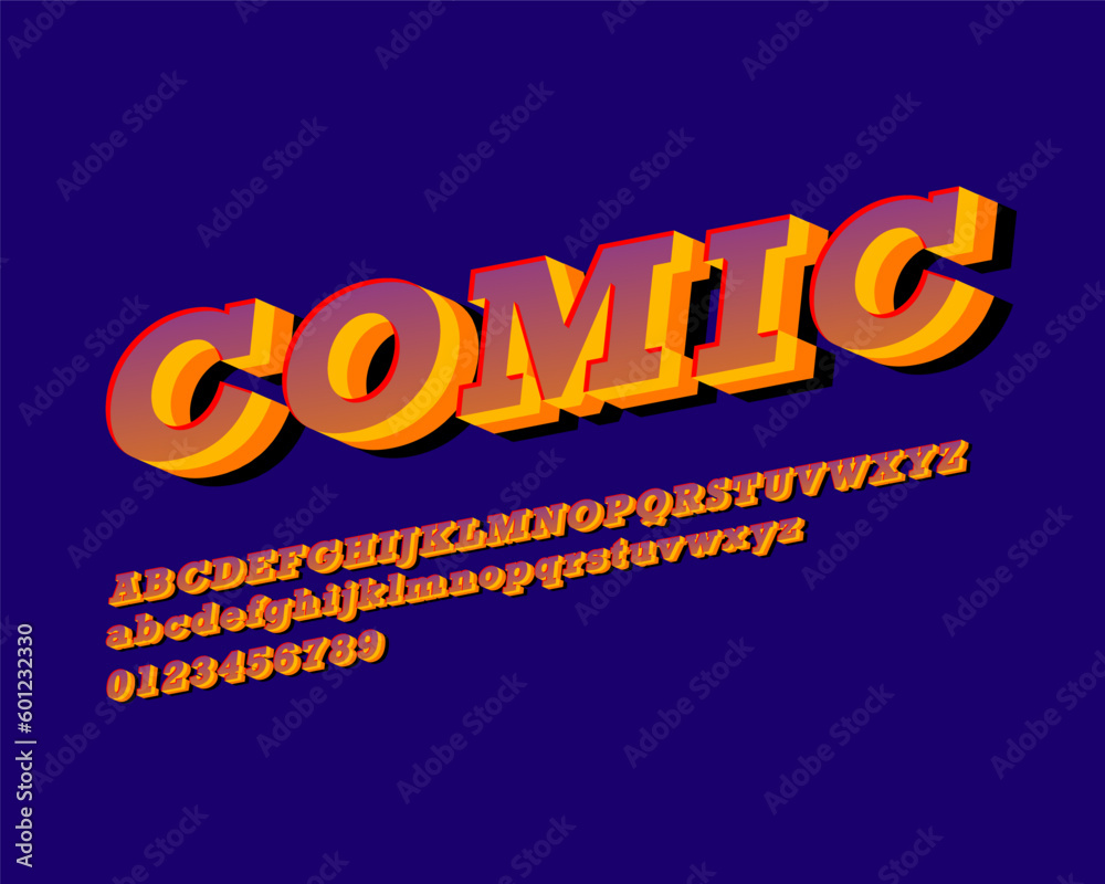 The 3D comic font set with vibrant color, slanted version