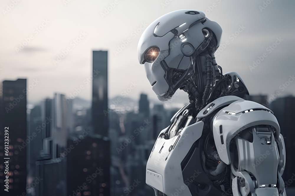 Artificial intelligence, robot thinking about world, looking at the city. Futuristic concept. Artificial intelligence, robot thinking about world, looking at the city. Futuristic concept.