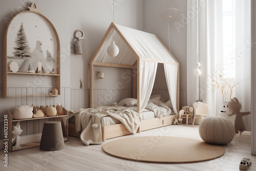 Minimalist Nordic Style Children Room with Canopy Bed, Generative AI 