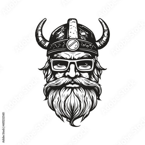 viking wearing sunglasses, vintage logo line art concept black and white color, hand drawn illustration