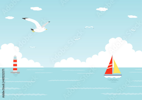 飛ぶカモメやヨットが浮かぶ海の背景イラスト_1_横

