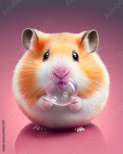Funny hamster isolated on colorful background with chewing gum bubble. Created with generative AI tools.