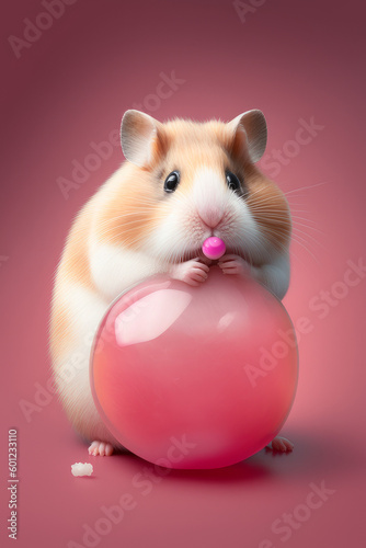 Funny hamster isolated on colorful background with chewing gum bubble. Created with generative AI tools. © sderbane