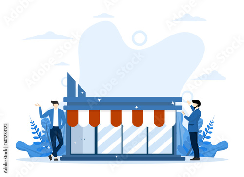 open store front or online store front concept, Business owner and entrepreneur starting small business or retail shop, confident entrepreneur standing by opening his new company or shop front.