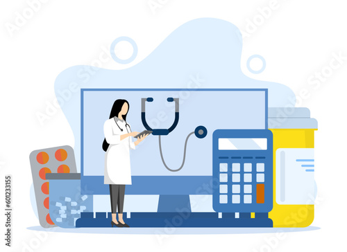 medical illustration. The doctor provides health insurance services and patient identification cards and prescriptions. Medicine and health concept. Data vector illustration on white background.