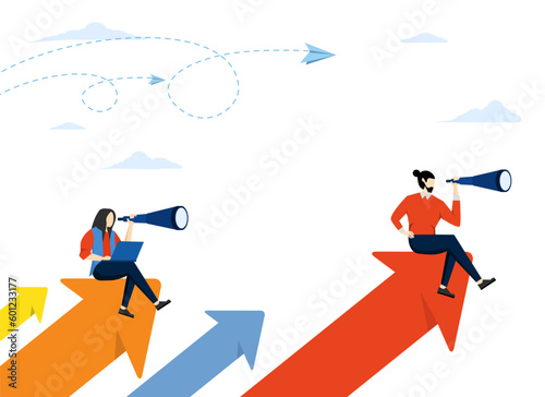 teamwork vision path goal success. working companies find ways to thrive. people standing profit, studying horizon growth arrow looking for binoculars, flat vector illustration.