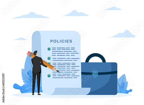 Company policy document, approval or process to be followed, company regulations or guiding concept, legal terms and services, businessman holding pen with company policy documents and business bag.