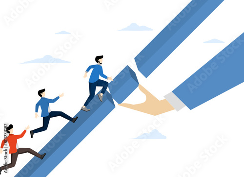 Bridging the gap, help or guidance, career advancement, giant businessman hands bridge the gap for people to progress towards the target.