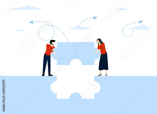 The concept of cooperation in business. Team metaphor. people connecting puzzle elements. Vector illustration flat design style. Symbol of teamwork, cooperation, partnership.