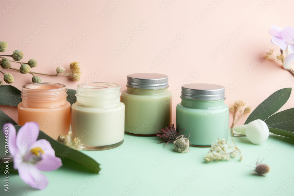 Close up of body care cosmetic products on colorful background. Created with generative AI tools. Close up of body care cosmetic products on colorful background. Created with generative AI tools.