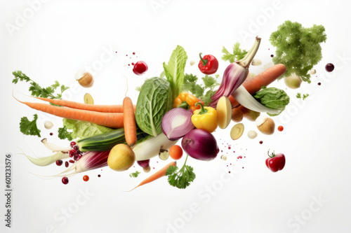 Various flying or falling summer fruits  berries and vegetables on vibrant background. Healthy detox food layout concept. Created with generative AI tools.
