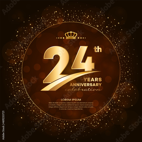 24th anniversary logo with gold numbers and glitter isolated on a gradient background
