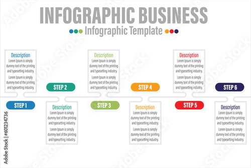 Six 6 steps, six 6 option Business info graphics template with option number work flow four steps