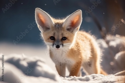 Stunning focus shot of cute Fennec fox on the snow, generative Ai image © Ágerda