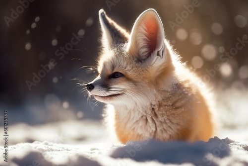 Cute Baby Fennec jumping on the white snow  Generative Ai