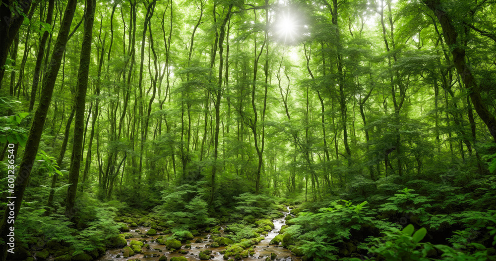 Obraz premium Serene creek meandering through a dense and verdant forest, with sunlight filtering through the canopy and casting dappled shadows on the forest floor. Generative AI