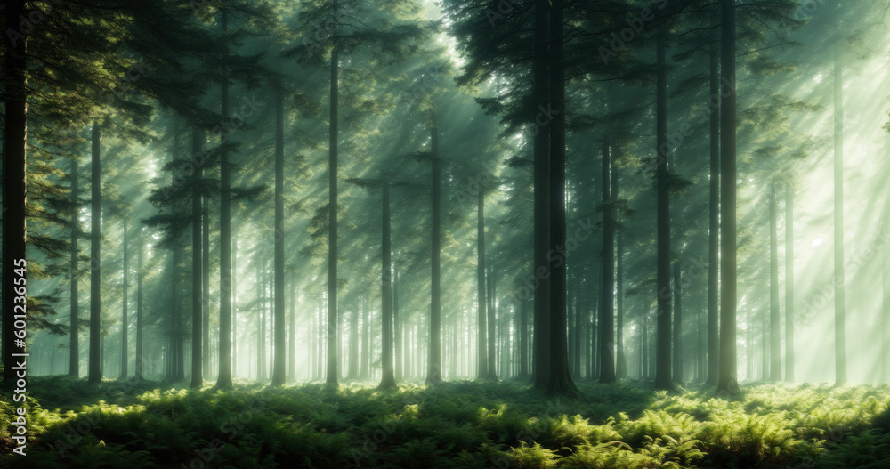 Obraz premium Mesmerizing image of a misty forest, with tall pine trees and beams of light piercing through the canopy, creating an eerie and mysterious atmosphere. Generative AI