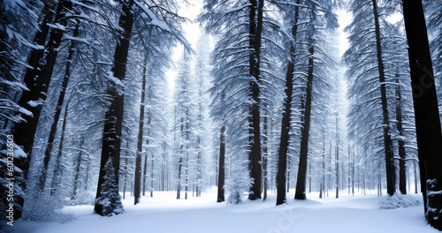 A pristine winter wonderland awaits on this snow-covered cross country skiing trail amidst towering pine trees. landscape photography  Generative AI
