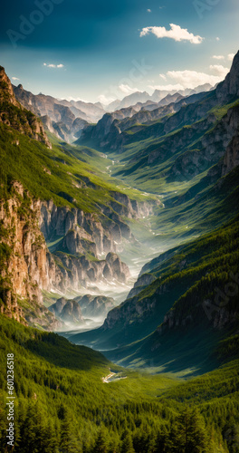 stunning vertical landscape photograph of a mountain valley, with towering peaks and a lush forest creating a scene that is both awe-inspiring and breathtakingly beautiful. photography, Generative AI