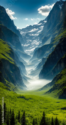 a vale nestled in the heart of the mountains, with lush greenery creating a peaceful and tranquil scene that exudes natural beauty. landscape photography, Generative AI