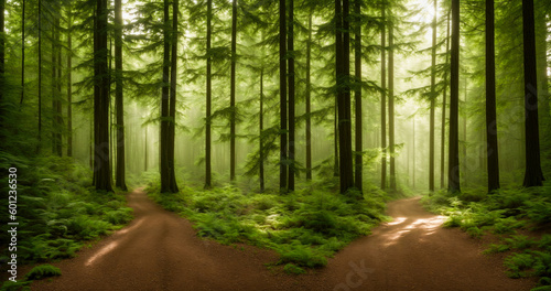 landscape photo of a pine forest  with a winding path splitting into two directions  inviting the viewer to explore the unknown and make a choice. Generative AI