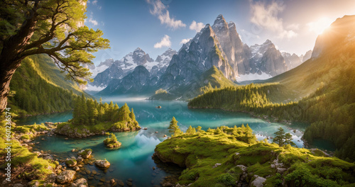 Magical mountain lake, surrounded by towering trees and dotted with enchanting islands, offers a breathtaking vista of beauty and serenity.  Generative AI © Quardia Inc.