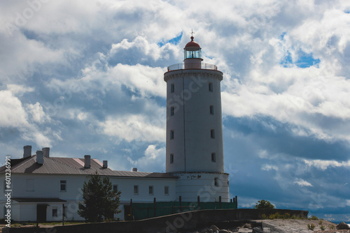 Tolbukhin island lighthouse, Saint-Petersburg, Kronstadt, Gulf of Finland view, Russia in a summer sunny day, lighthouses of Russia travel