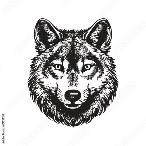 wolf, vintage logo line art concept black and white color, hand drawn illustration