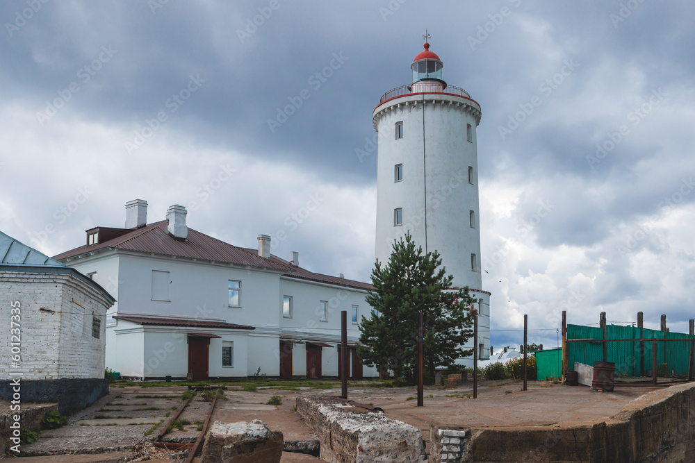 Tolbukhin island lighthouse, Saint-Petersburg, Kronstadt, Gulf of Finland view, Russia in a summer sunny day, lighthouses of Russia travel