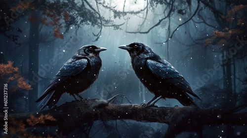 crows in the deep forest dark sky full of shiny stars. AI Generative
