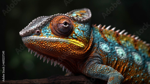 Beautiful of chameleon on branch. chameleon isolated on dark background. AI Generative. AI Generative © We3 Animal