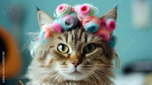 Funny cat at the hairdresser In a beauty salon. AI Generative