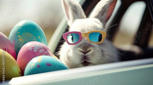 Easter bunny rides to give gifts. Rabbit in the car. AI Generative