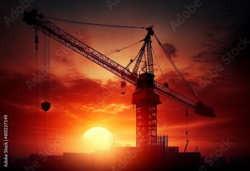 Construction cranes silhouetted against the late evening sunset. Generative Ai.