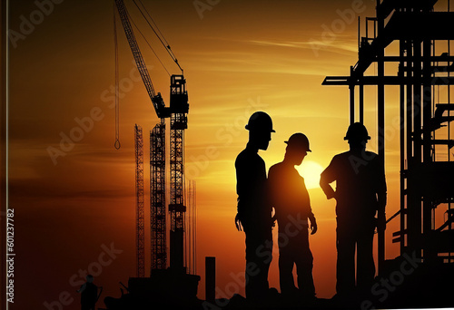 Silhouette of construction workers on a building site at sunset. Generative Ai