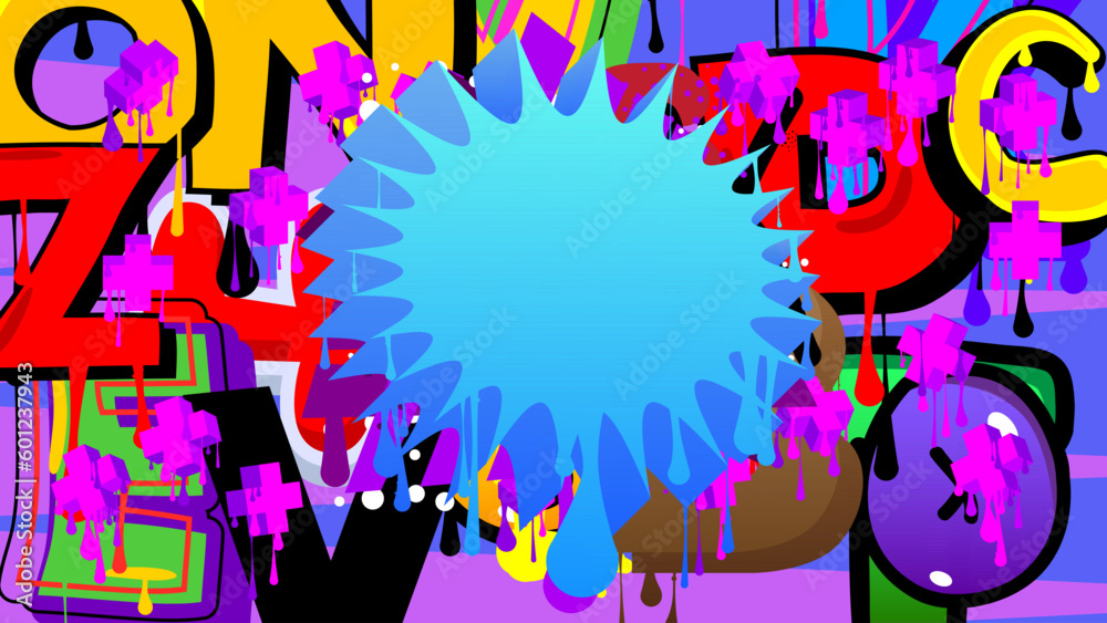 Obraz premium Blue Speech Bubble Graffiti with purple elements on abstract Background. Urban painting style backdrop. Busy discussion symbol in modern dirty street art decoration.