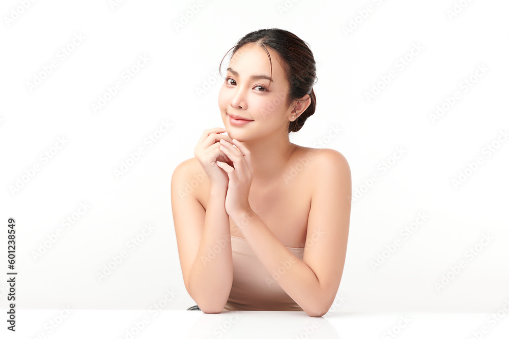 Obraz premium Beautiful young asian woman with clean fresh skin on white background, Face care, Facial treatment, Cosmetology, beauty and spa, Asian women portrait.