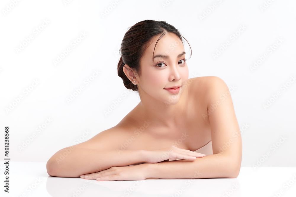 Obraz premium Beautiful young asian woman with clean fresh skin on white background, Face care, Facial treatment, Cosmetology, beauty and spa, Asian women portrait.