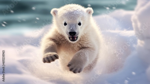 Fototapeta Naklejka Na Ścianę i Meble -  Playful Polar Bear Cub jumping on the snow; generative Ai image