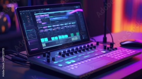 Futuristic laptop and keyboard music production. Generative ai